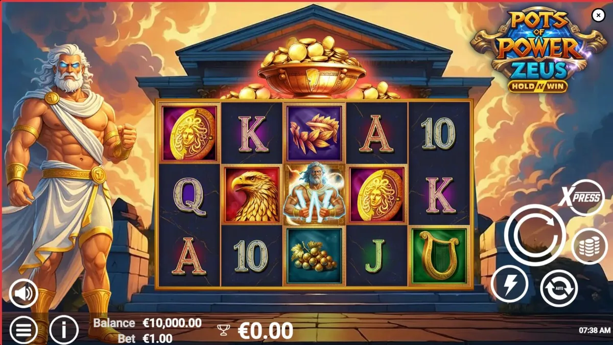 Pots of Power: Zeus slot game interface with Greek mythology theme
