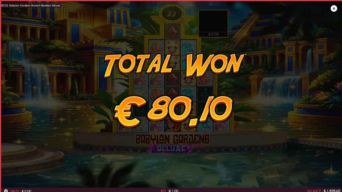 Pemandangan artistik reruntuhan kuno Babilonia dalam slot Babylon Gardens Ancient Wonders Deluxe